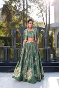 Lorenvalley Green Tussar Silk Floral Print Lehenga Choli with Koti | Grocsy