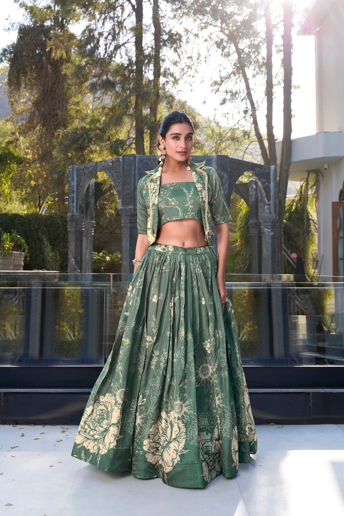 Lorenvalley Green Tussar Silk Floral Print Lehenga Choli with Koti | Grocsy