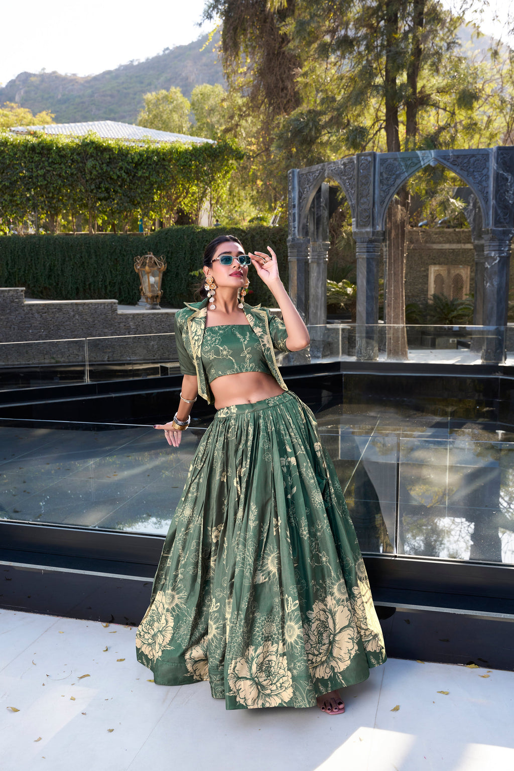 Lorenvalley Green Tussar Silk Floral Print Lehenga Choli with Koti | Grocsy