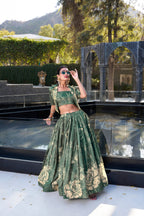 Lorenvalley Green Tussar Silk Floral Print Lehenga Choli with Koti | Grocsy