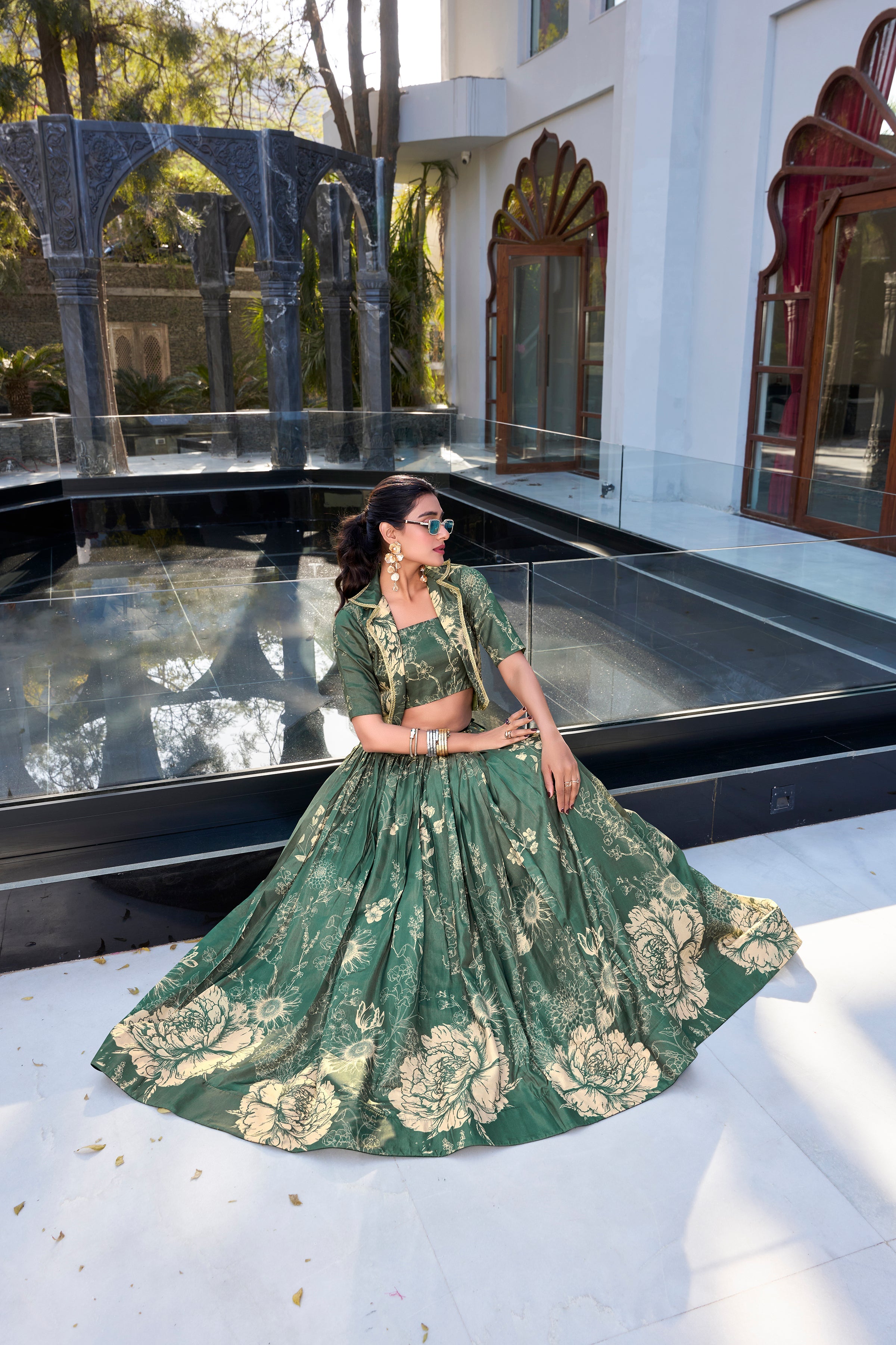 Lorenvalley Green Tussar Silk Floral Print Lehenga Choli with Koti | Grocsy