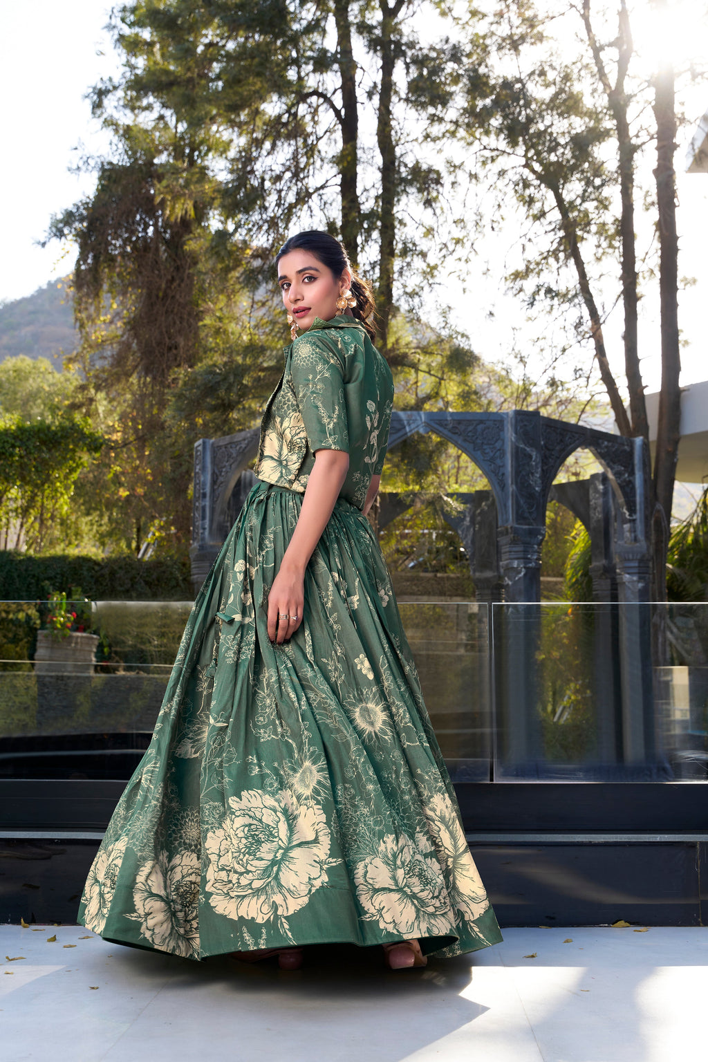 Lorenvalley Green Tussar Silk Floral Print Lehenga Choli with Koti | Grocsy