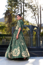 Lorenvalley Green Tussar Silk Floral Print Lehenga Choli with Koti | Grocsy