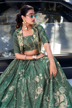 Lorenvalley Green Tussar Silk Floral Print Lehenga Choli with Koti | Grocsy