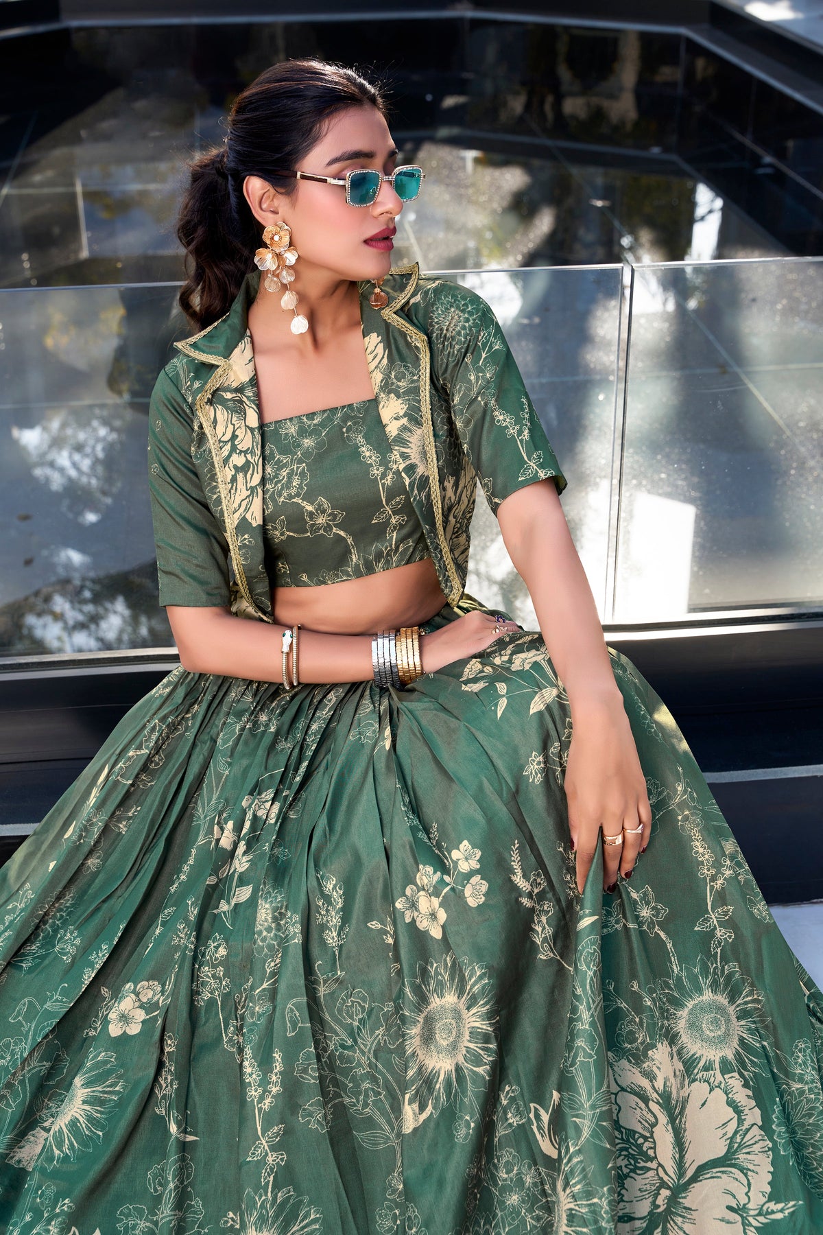 Lorenvalley Green Tussar Silk Floral Print Lehenga Choli with Koti | Grocsy