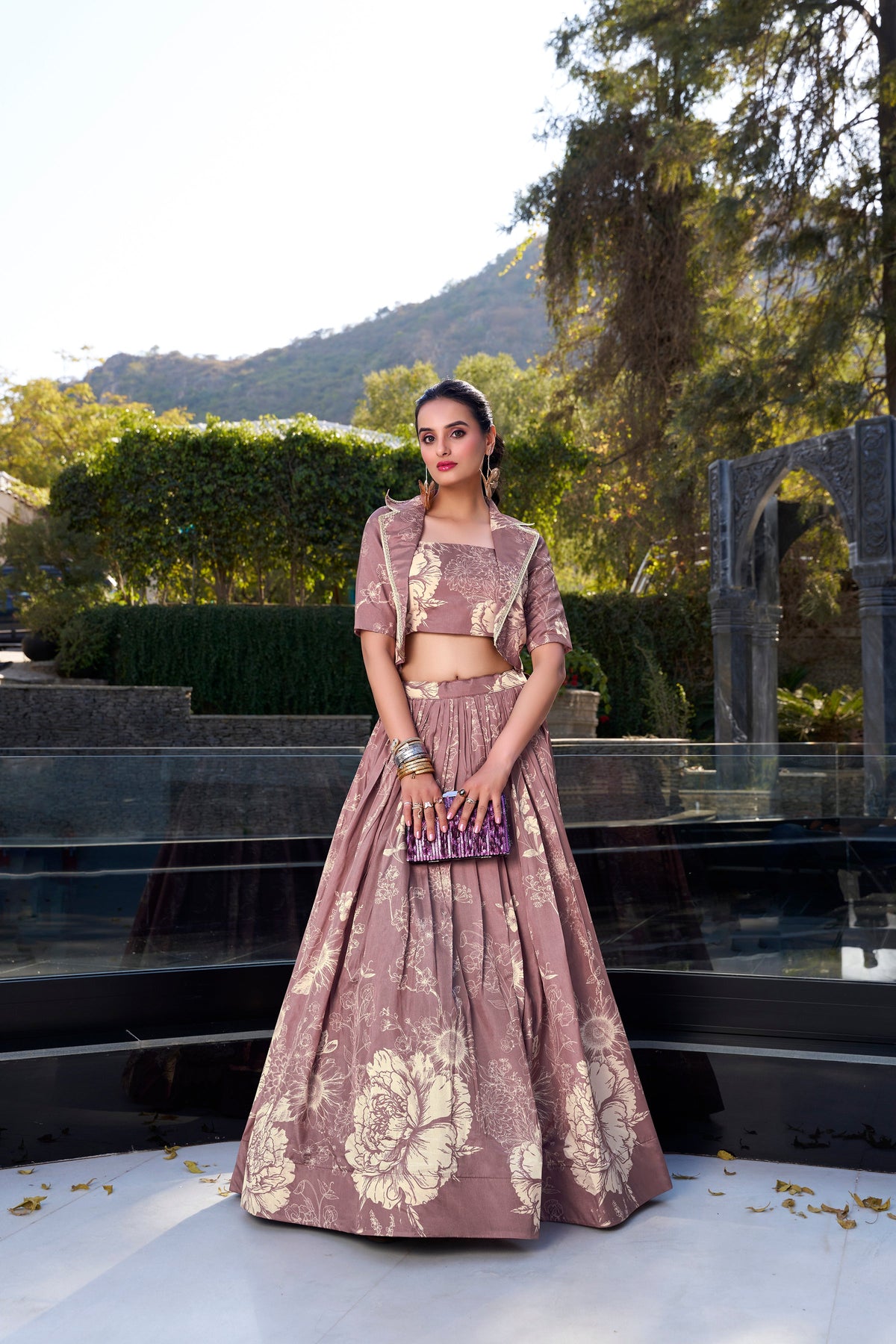 Lorenvalley Onionpink Tussar Silk Floral Print Lehenga Choli with Koti | Grocsy