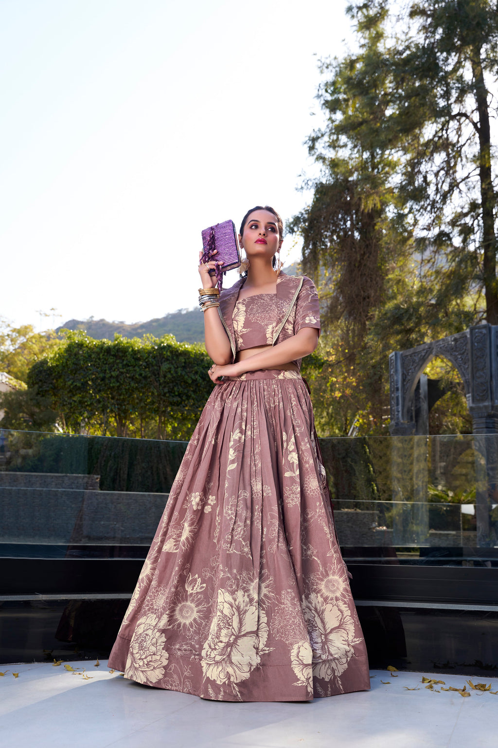 Lorenvalley Onionpink Tussar Silk Floral Print Lehenga Choli with Koti | Grocsy