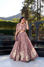 Lorenvalley Onionpink Tussar Silk Floral Print Lehenga Choli with Koti | Grocsy