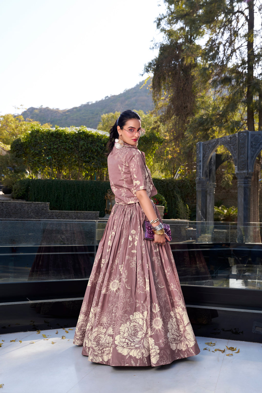 Lorenvalley Onionpink Tussar Silk Floral Print Lehenga Choli with Koti | Grocsy