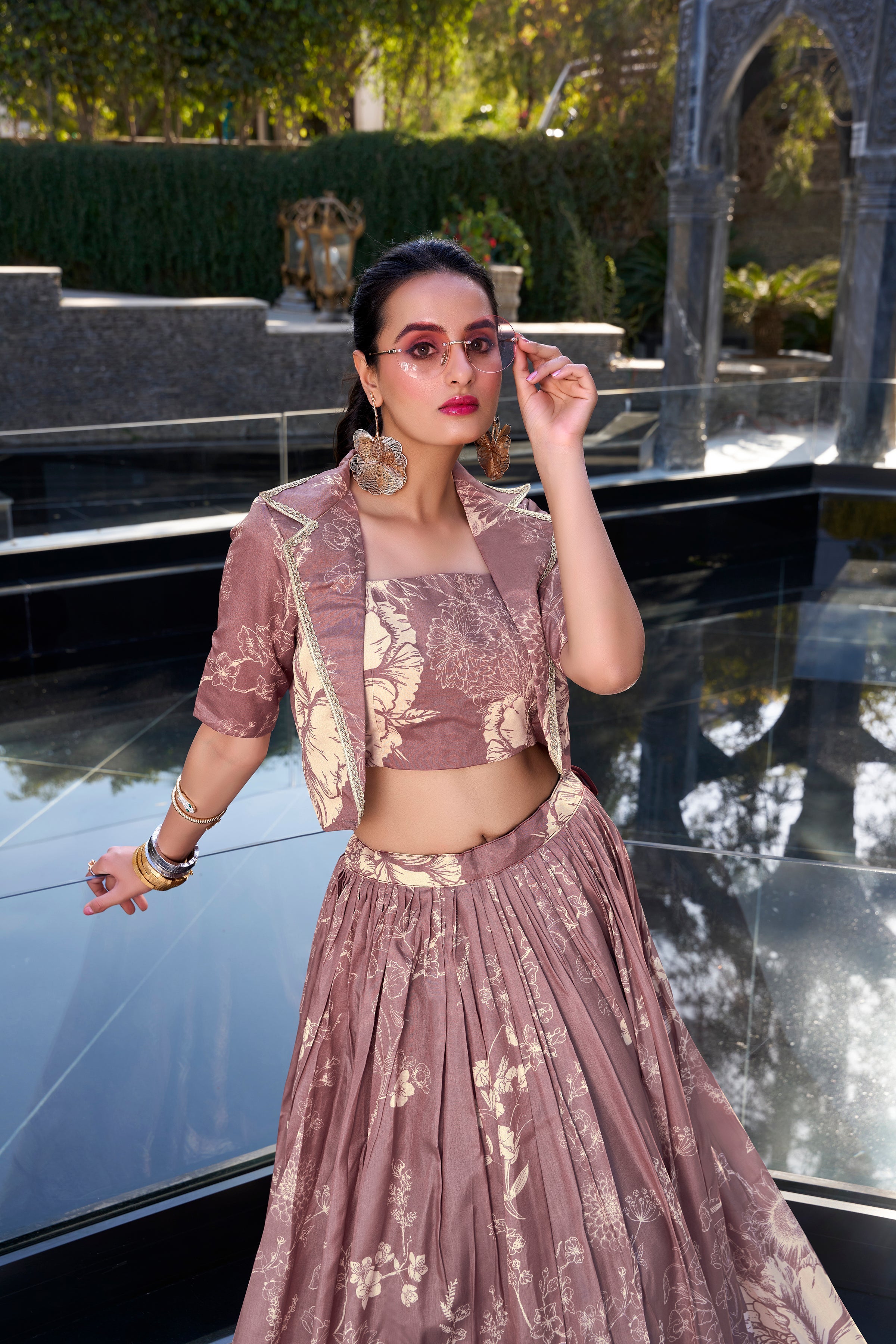Lorenvalley Onionpink Tussar Silk Floral Print Lehenga Choli with Koti | Grocsy