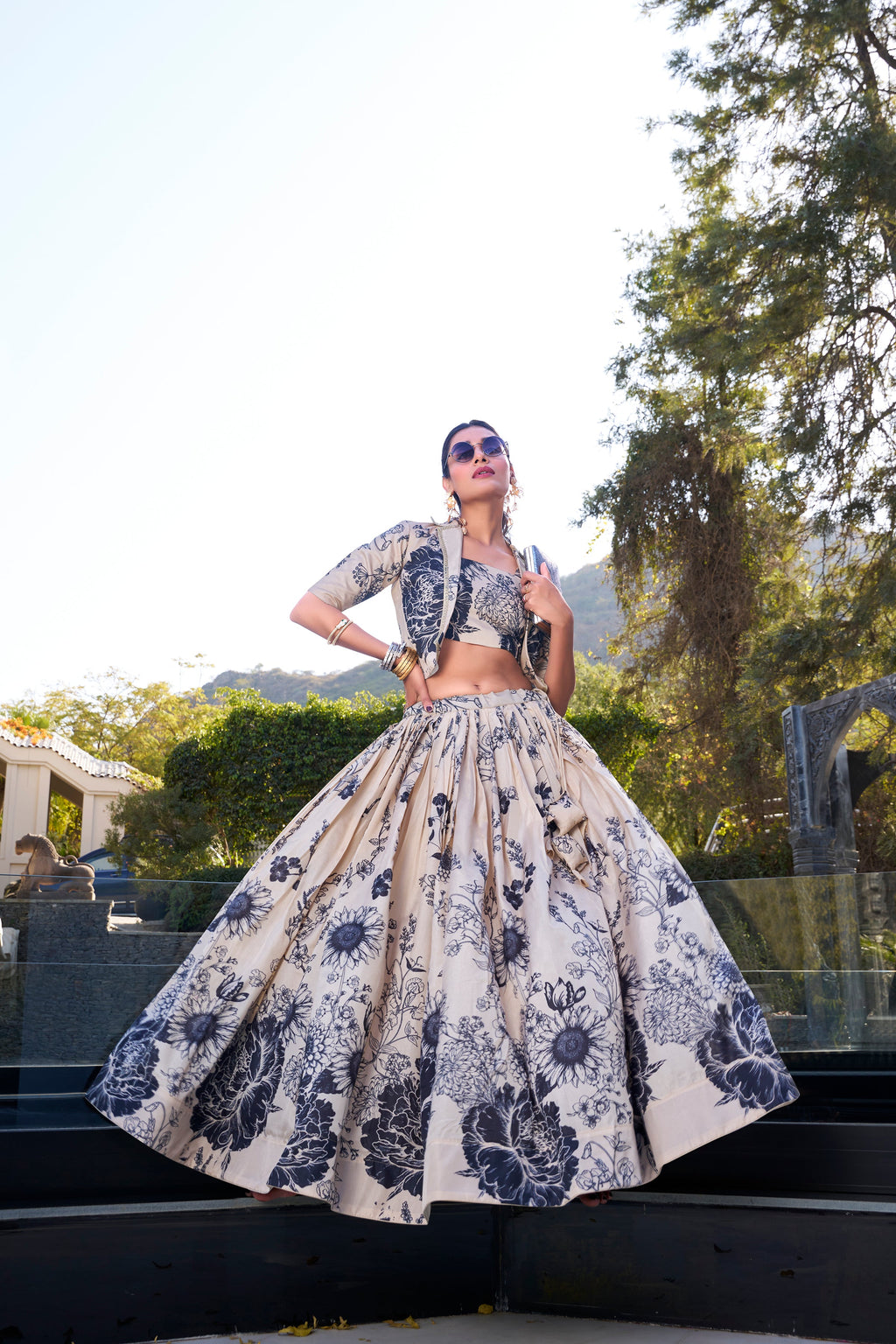 Lorenvalley Offwhite Tussar Silk Floral Print Lehenga Choli with Koti | Grocsy