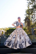 Lorenvalley Offwhite Tussar Silk Floral Print Lehenga Choli with Koti | Grocsy