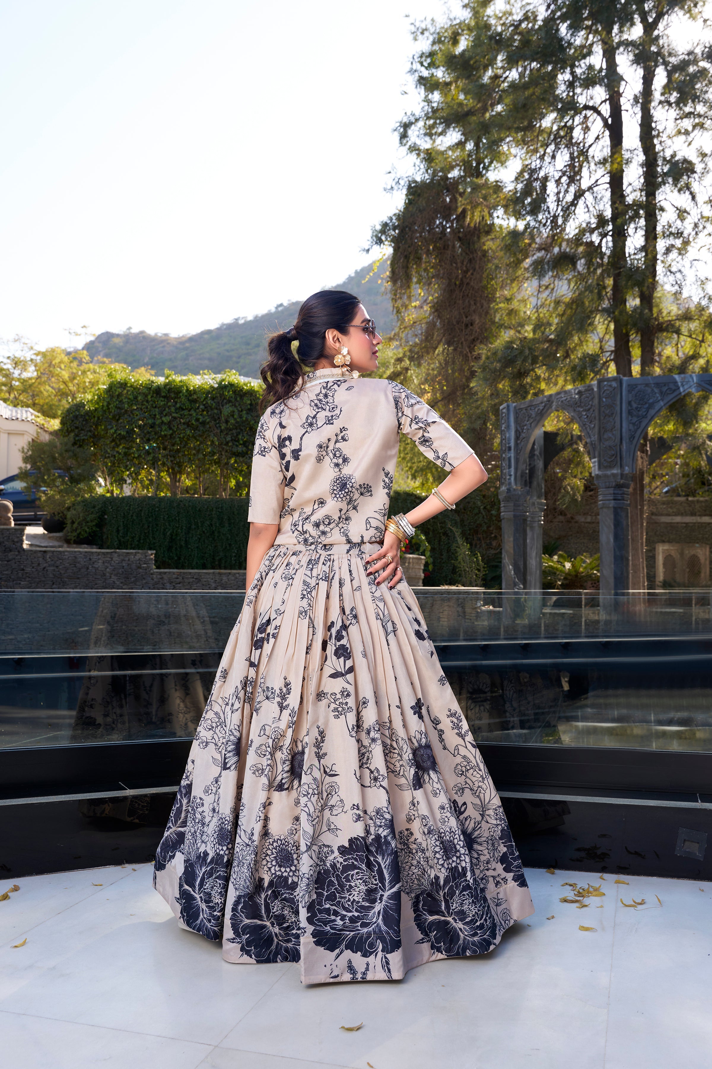 Lorenvalley Offwhite Tussar Silk Floral Print Lehenga Choli with Koti | Grocsy
