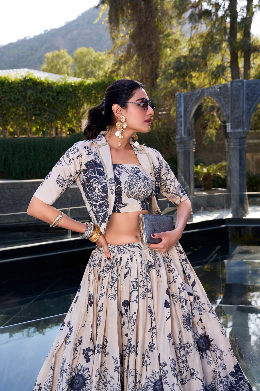 Lorenvalley Offwhite Tussar Silk Floral Print Lehenga Choli with Koti | Grocsy