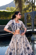 Lorenvalley Offwhite Tussar Silk Floral Print Lehenga Choli with Koti | Grocsy
