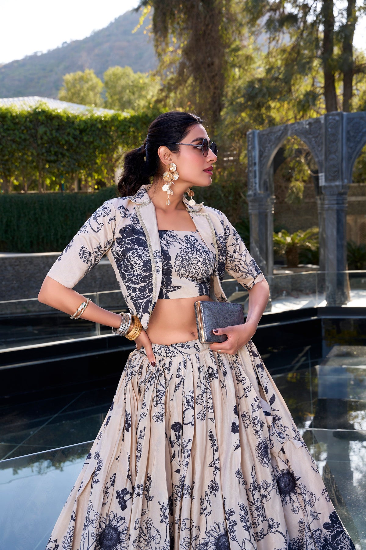 Lorenvalley Offwhite Tussar Silk Floral Print Lehenga Choli with Koti | Grocsy