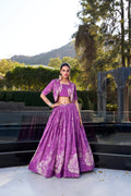 Lorenvalley Purple Tussar Silk Floral Print Lehenga Choli with Koti | Grocsy
