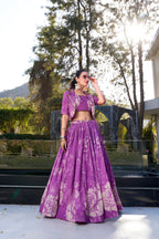 Lorenvalley Purple Tussar Silk Floral Print Lehenga Choli with Koti | Grocsy