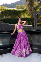 Lorenvalley Purple Tussar Silk Floral Print Lehenga Choli with Koti | Grocsy