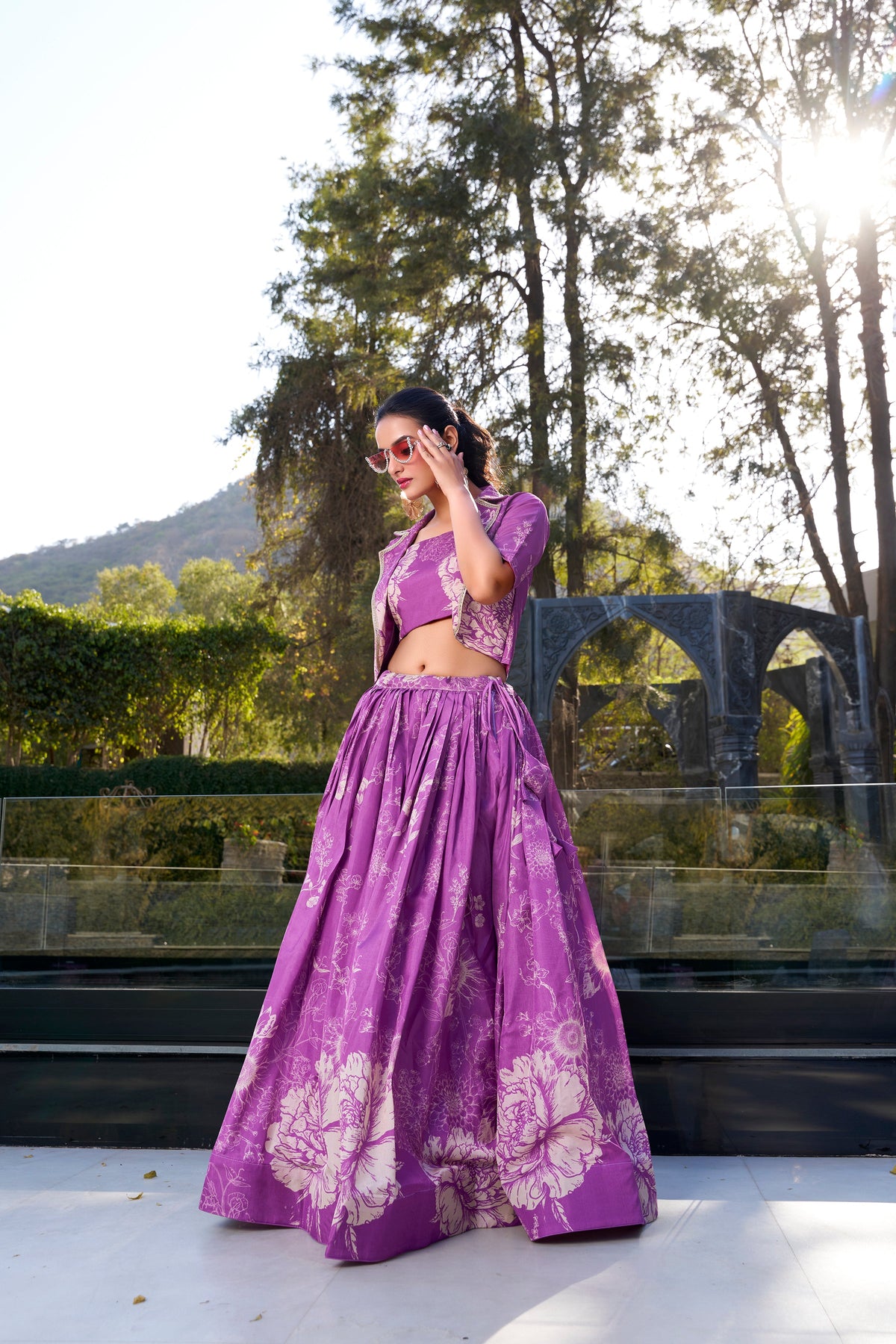 Lorenvalley Purple Tussar Silk Floral Print Lehenga Choli with Koti | Grocsy