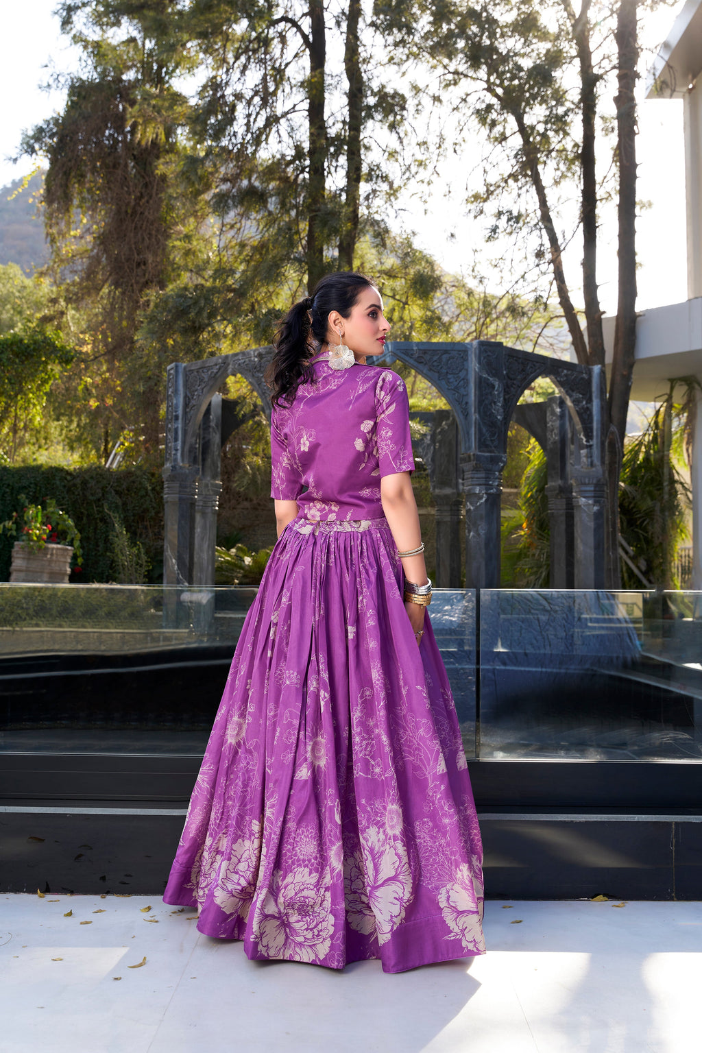 Lorenvalley Purple Tussar Silk Floral Print Lehenga Choli with Koti | Grocsy