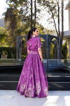Lorenvalley Purple Tussar Silk Floral Print Lehenga Choli with Koti | Grocsy