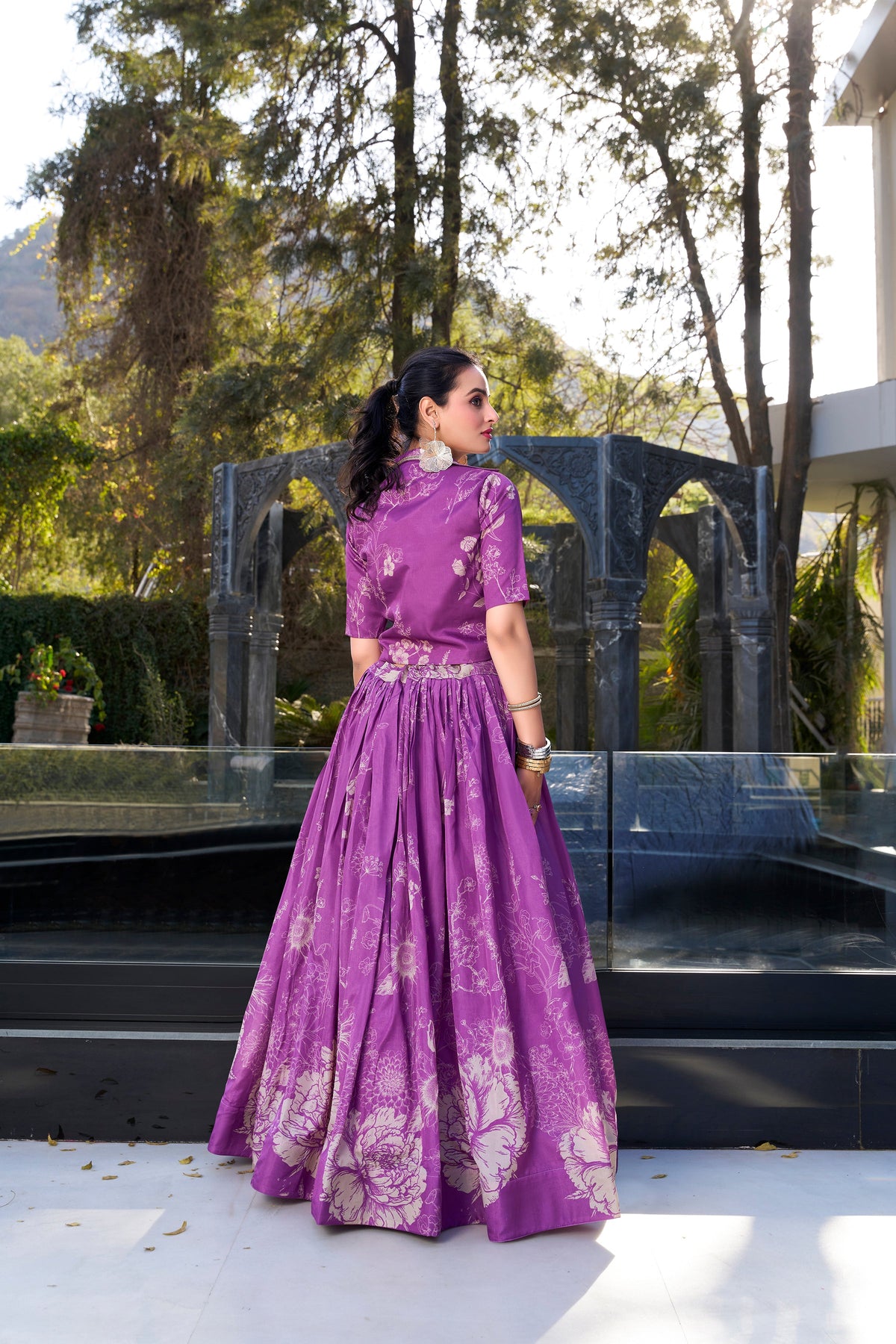 Lorenvalley Purple Tussar Silk Floral Print Lehenga Choli with Koti | Grocsy