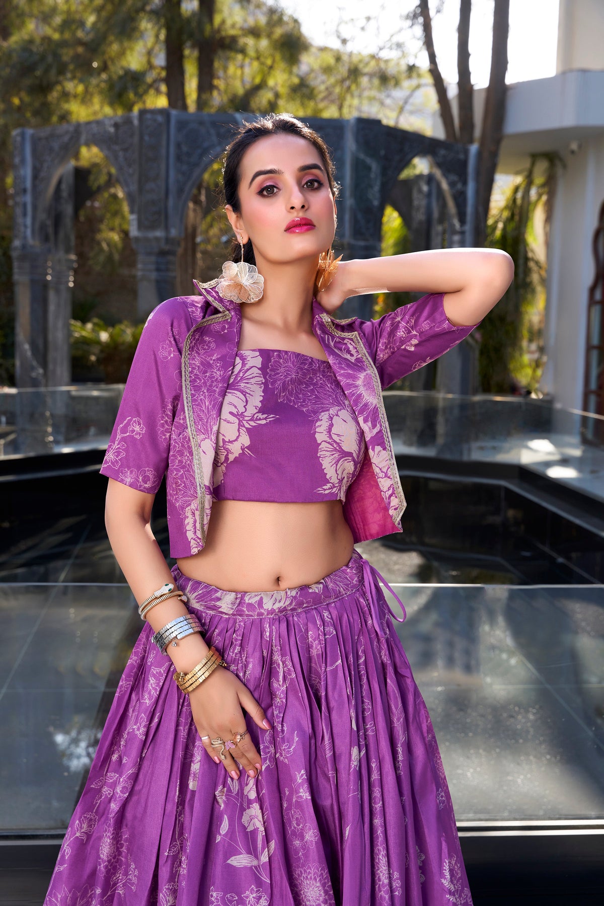 Lorenvalley Purple Tussar Silk Floral Print Lehenga Choli with Koti | Grocsy