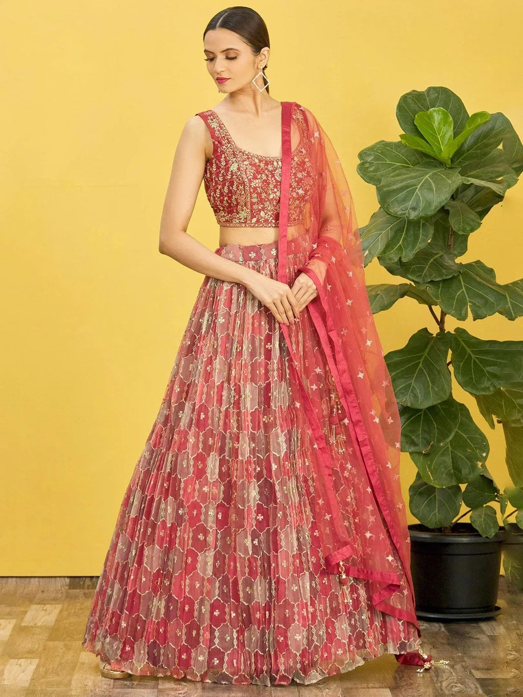 Tulsi Art Elegance Brown Mirror Work Organza Festival Wear Lehenga Choli | Grocsy