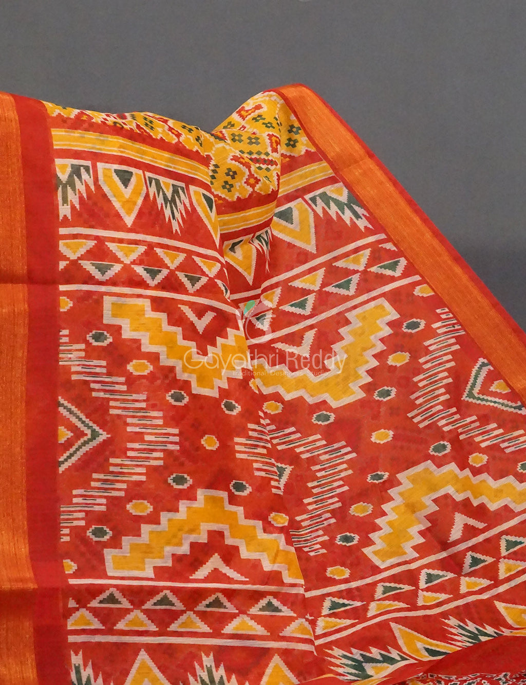 Yellow And Red Coloured Patola Print Semi Chanderi Saree By Gayathri Reddy Designer Studio | Grocsy