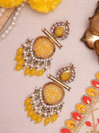 Tehzeeb Creations Latest Gold Polish Kundan & Pearl Studded Designer Drop Long Earrings For Women And Girls Yellow | Grocsy