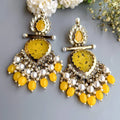 Tehzeeb Creations Latest Gold Polish Kundan & Pearl Studded Designer Drop Long Earrings For Women And Girls Yellow | Grocsy