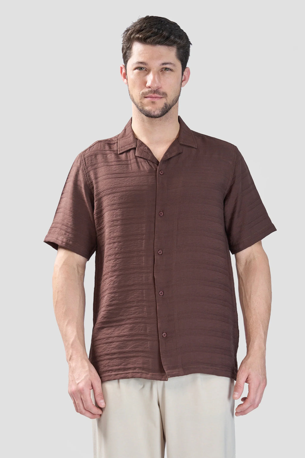 Xkind Brown Horizontal Pleated Stripes Relaxed Fit Shirt | Grocsy