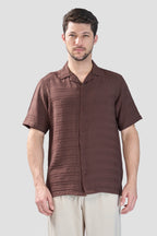 Xkind Brown Horizontal Pleated Stripes Relaxed Fit Shirt | Grocsy
