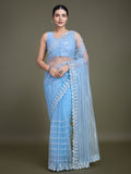 Monjolika Fashion Glamorous Women'S Sky Blue Sequin Work Soft Net Saree | Grocsy