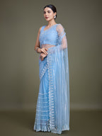 Monjolika Fashion Glamorous Women'S Sky Blue Sequin Work Soft Net Saree | Grocsy