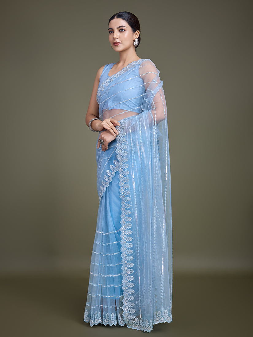 Monjolika Fashion Glamorous Women'S Sky Blue Sequin Work Soft Net Saree | Grocsy