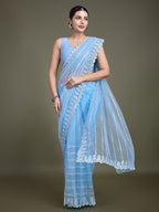 Monjolika Fashion Glamorous Women'S Sky Blue Sequin Work Soft Net Saree | Grocsy