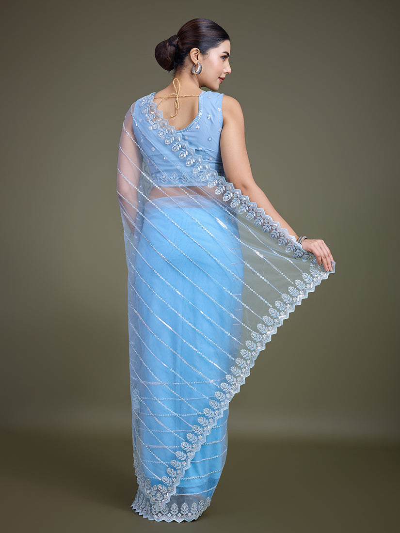 Monjolika Fashion Glamorous Women'S Sky Blue Sequin Work Soft Net Saree | Grocsy