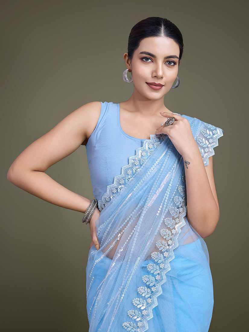 Monjolika Fashion Glamorous Women'S Sky Blue Sequin Work Soft Net Saree | Grocsy