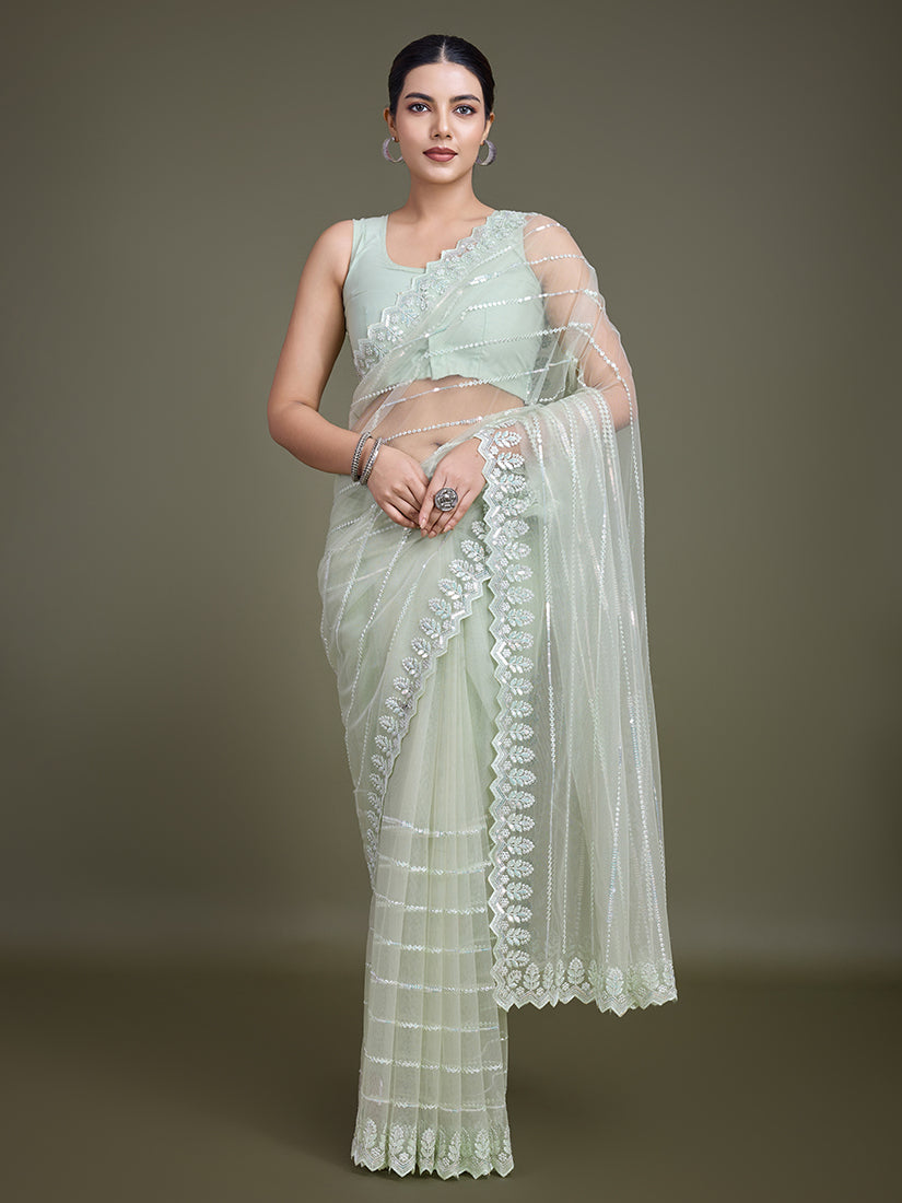 Monjolika Fashion Glamorous Women'S Light Green Sequin Work Soft Net Saree | Grocsy