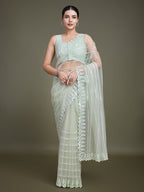 Monjolika Fashion Glamorous Women'S Light Green Sequin Work Soft Net Saree | Grocsy