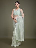 Monjolika Fashion Glamorous Women'S Light Green Sequin Work Soft Net Saree | Grocsy