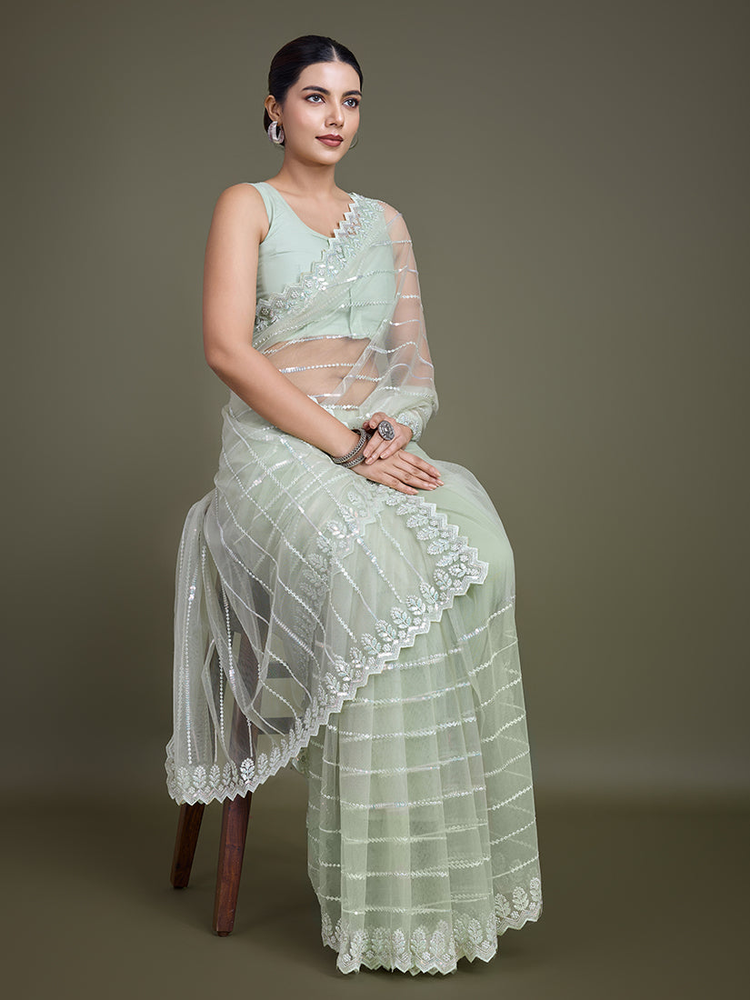 Monjolika Fashion Glamorous Women'S Light Green Sequin Work Soft Net Saree | Grocsy
