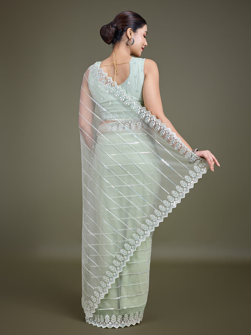 Monjolika Fashion Glamorous Women'S Light Green Sequin Work Soft Net Saree | Grocsy