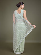 Monjolika Fashion Glamorous Women'S Light Green Sequin Work Soft Net Saree | Grocsy