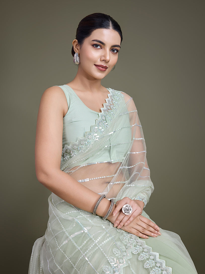 Monjolika Fashion Glamorous Women'S Light Green Sequin Work Soft Net Saree | Grocsy