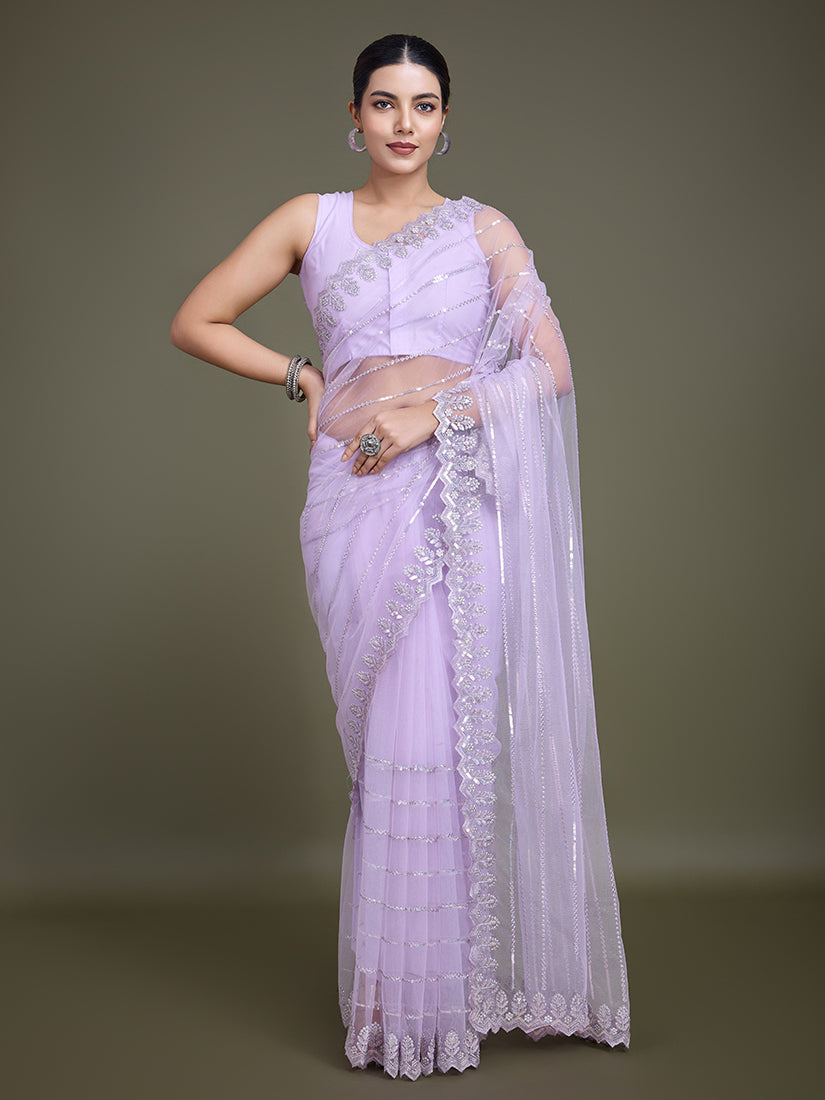 Monjolika Fashion Glamorous Women'S Lavender Sequin Work Soft Net Saree | Grocsy