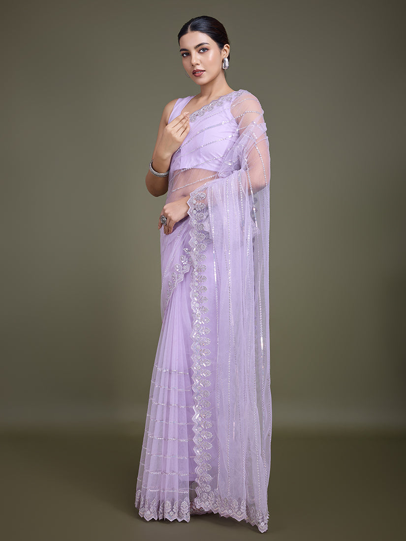 Monjolika Fashion Glamorous Women'S Lavender Sequin Work Soft Net Saree | Grocsy