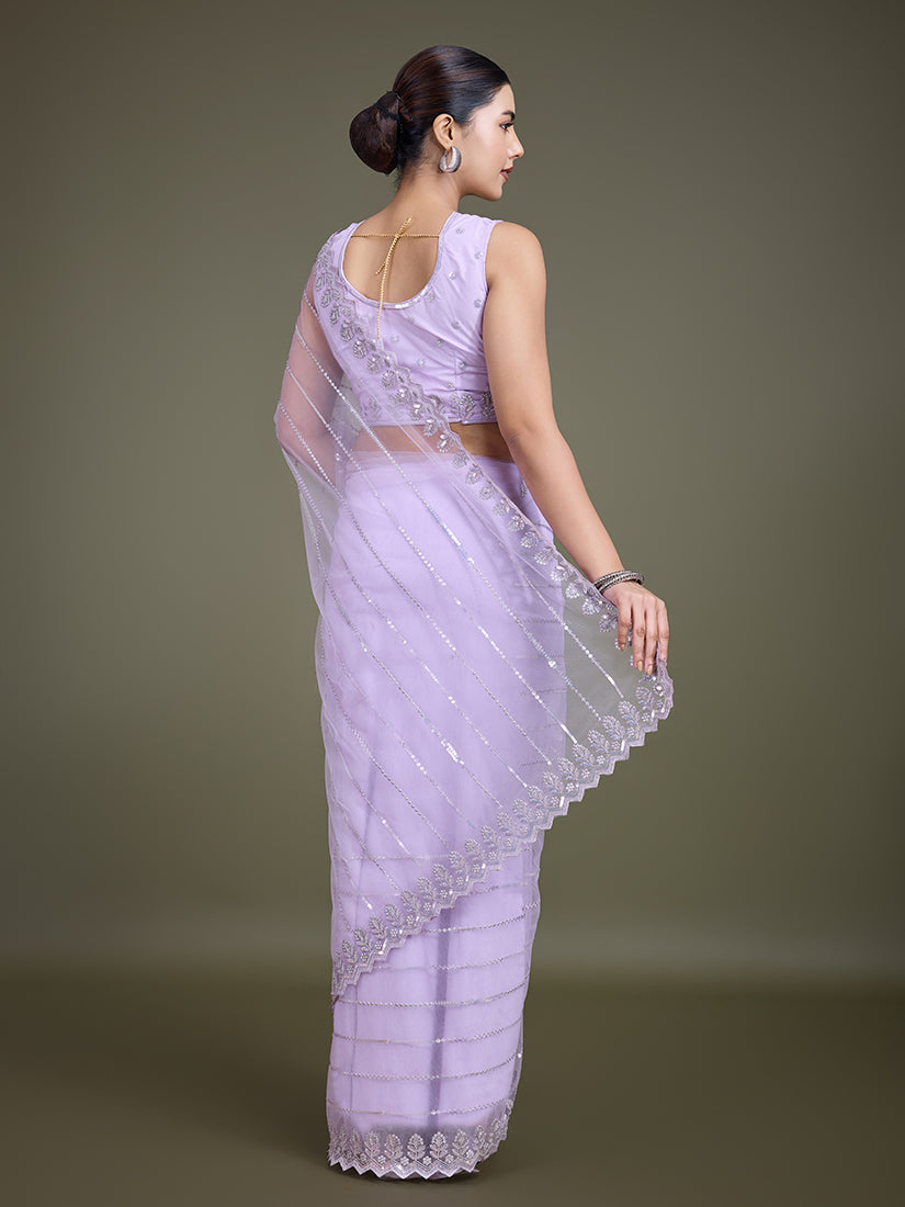 Monjolika Fashion Glamorous Women'S Lavender Sequin Work Soft Net Saree | Grocsy